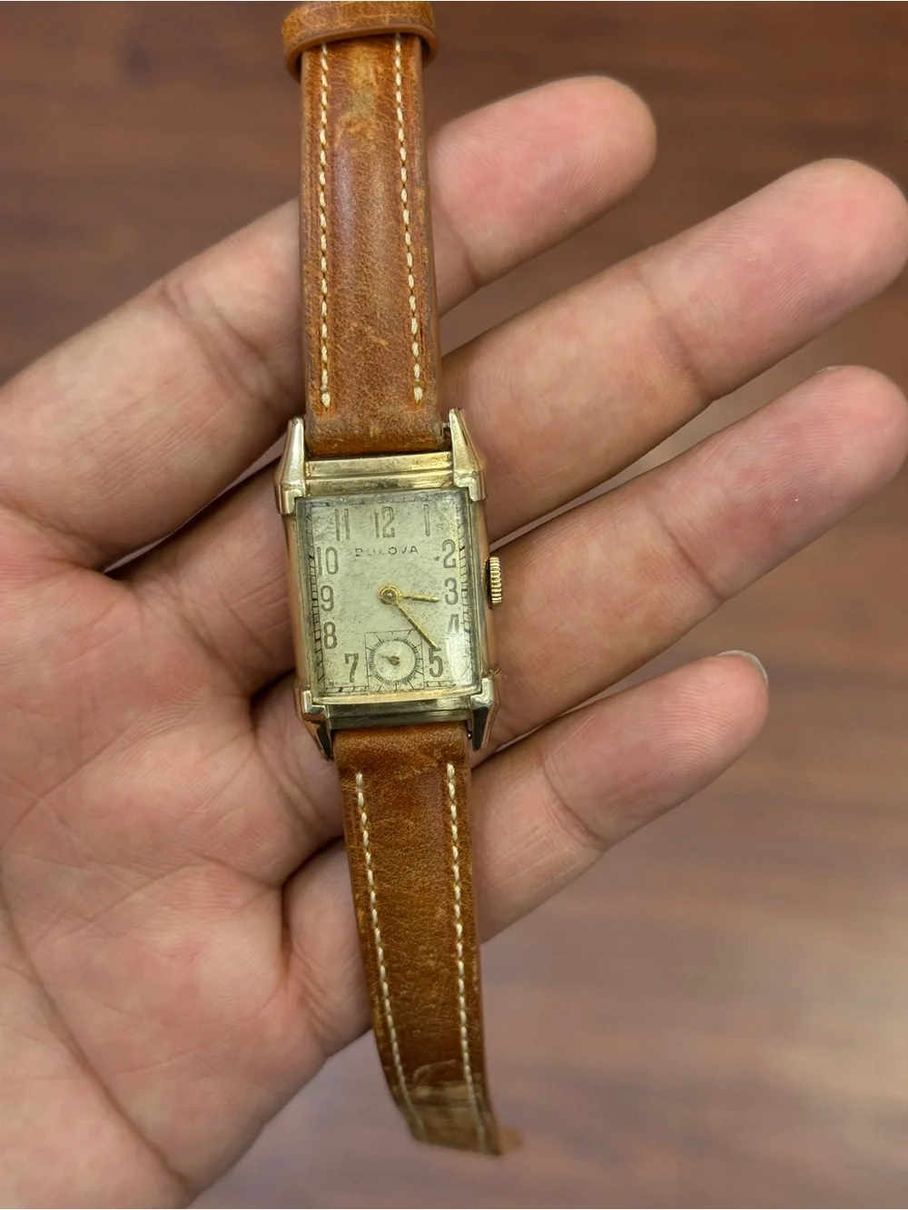 Bulova vintage 10k gold  Rectangular  Watch with Brown Leather Strap rare unisex